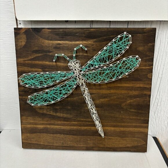 Dragonfly String Art Complete on Dark Stained Wood 11.5" x 12" - Picture 2 of 7